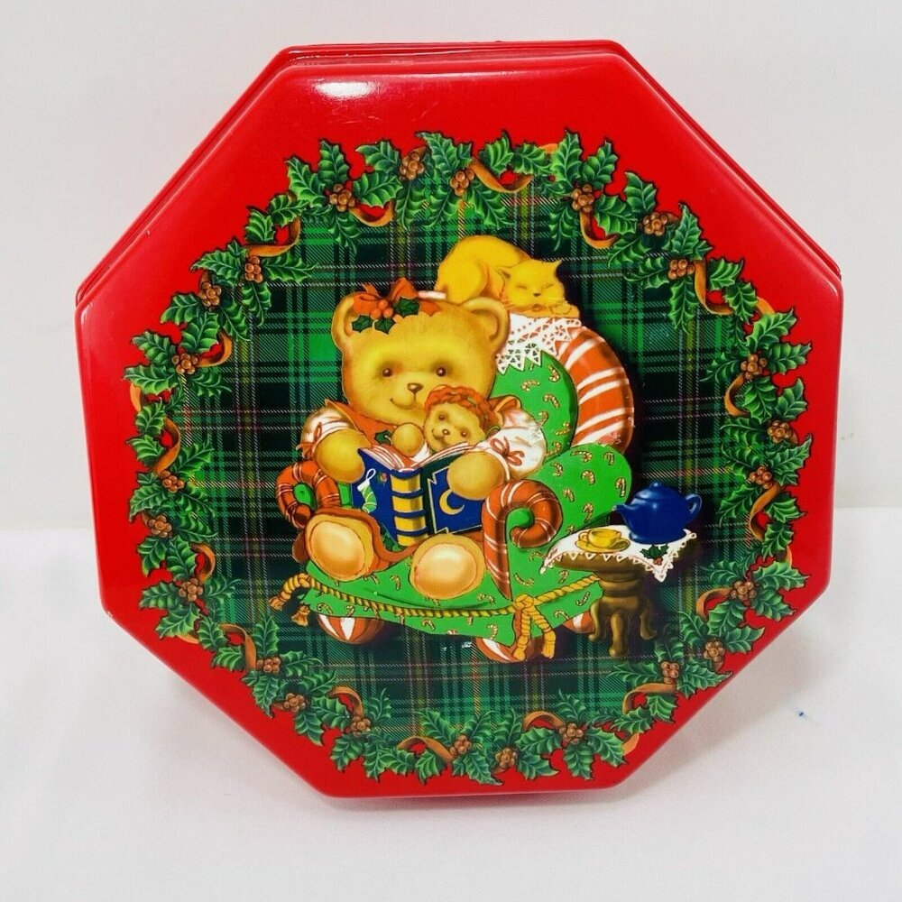 Vtg Ullman Cheryl Ann Christmas Box Octagon Bear Canister Storage Candy Plastic